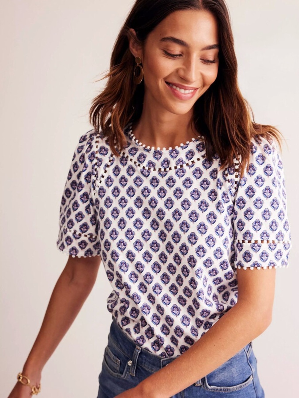 Boden Mila trim detail White Top with Blue Floral print